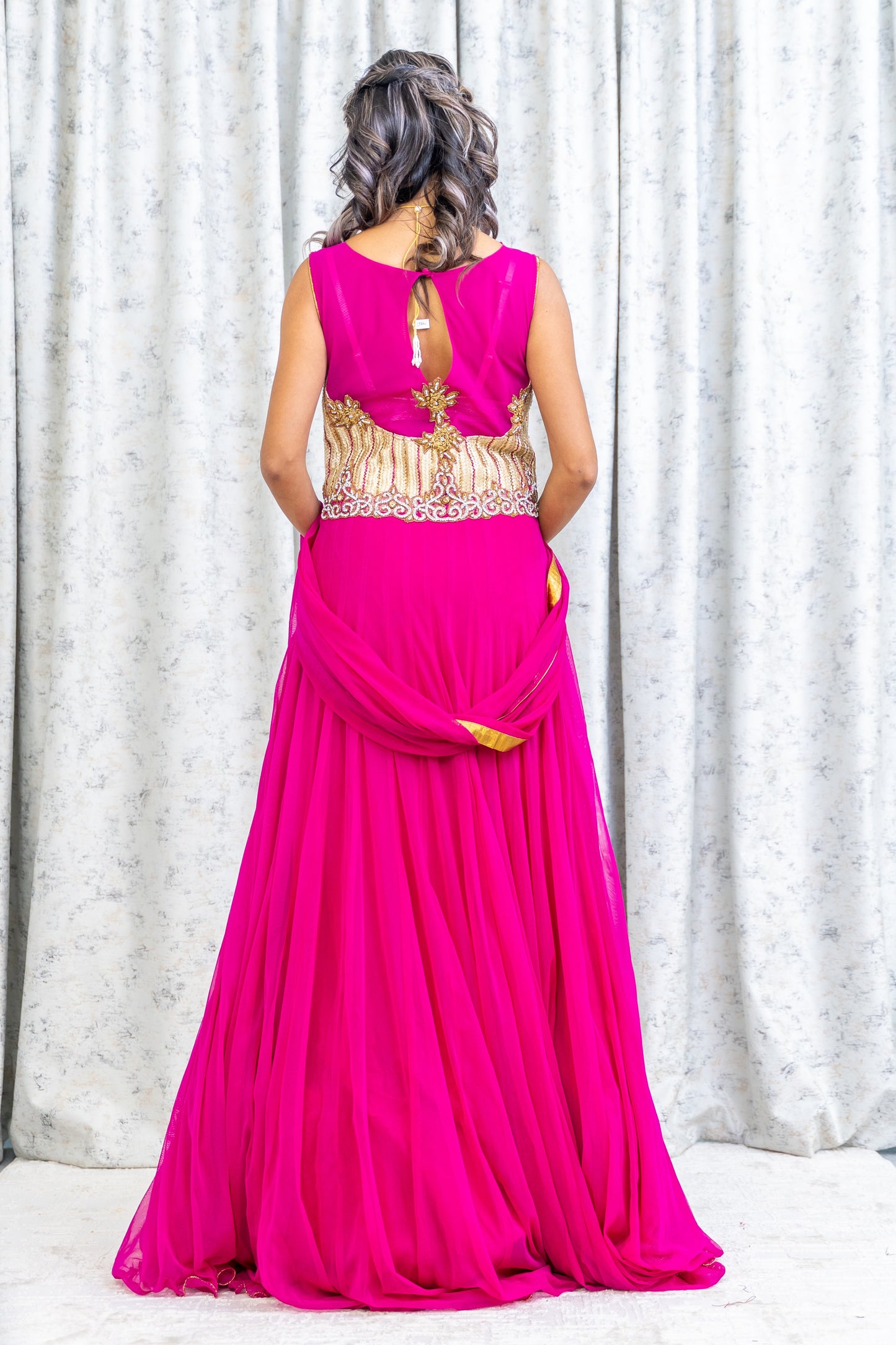Rani Pink Net Lehenga Choli with Brocade & Swarovski Stone Work