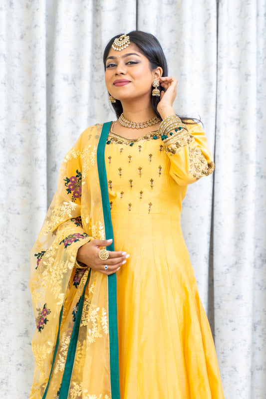 Yellow Golden Cotton Punjabi Set with Contrast Dupatta