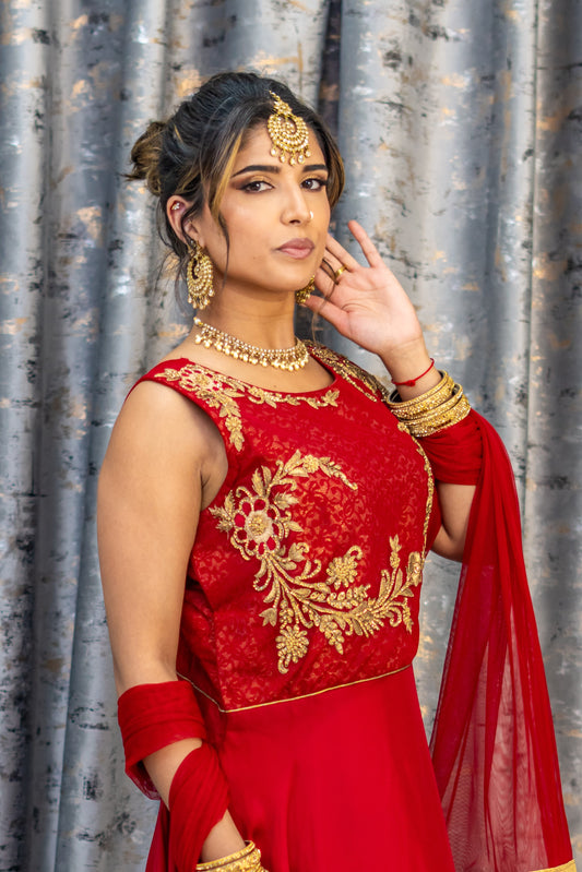 Red Chinon Silk Punjabi with Gold Swarovski Stone Work