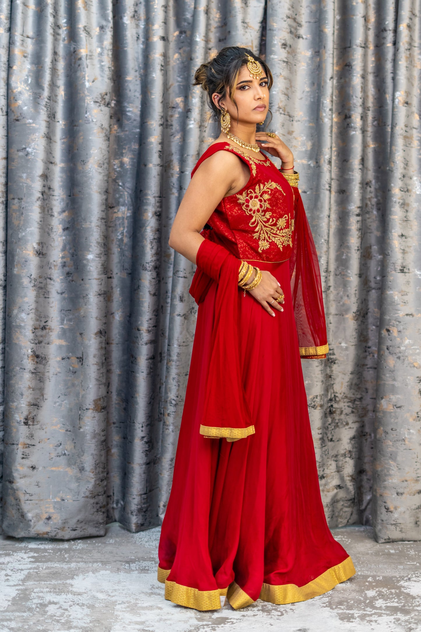 Red Chinon Silk Punjabi with Gold Swarovski Stone Work