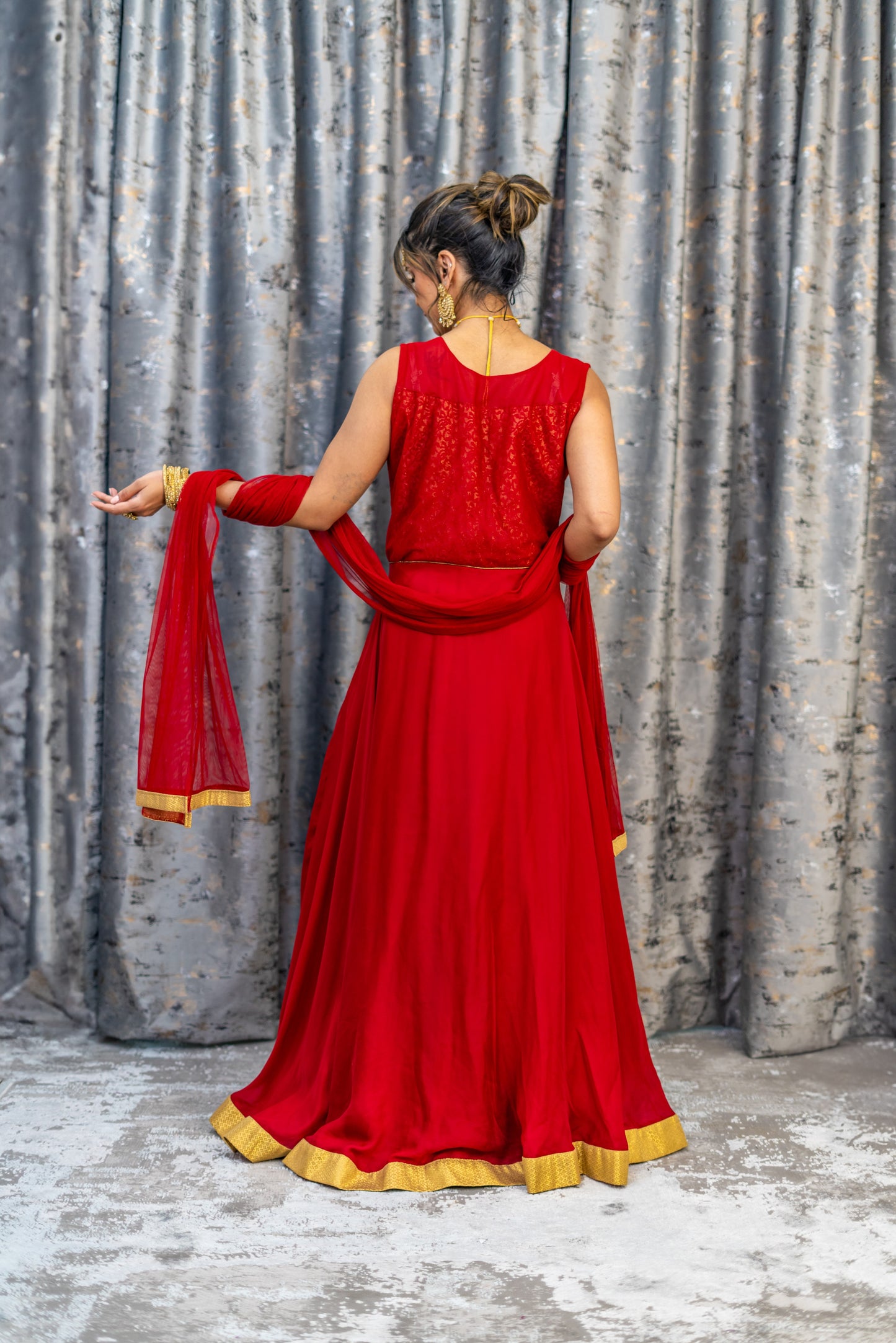 Red Chinon Silk Punjabi with Gold Swarovski Stone Work