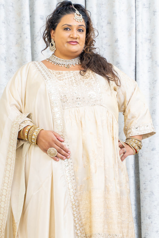 Cream Chinon Silk Punjabi Set with Embroidery