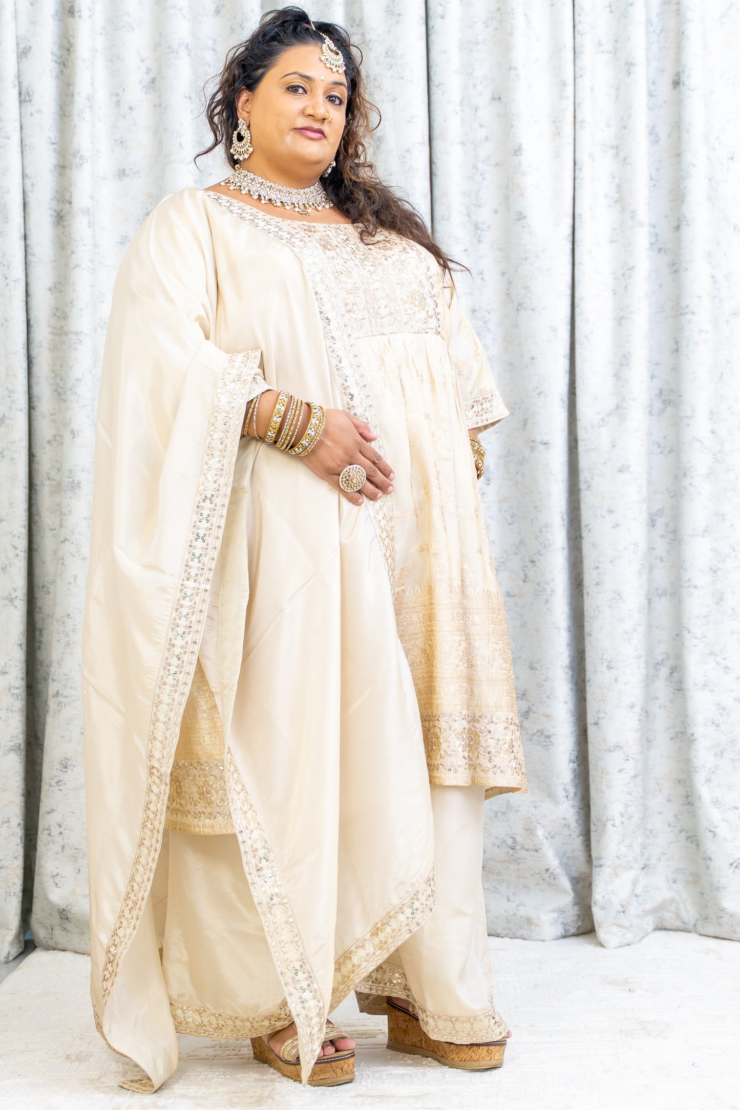 Cream Chinon Silk Punjabi Set with Embroidery