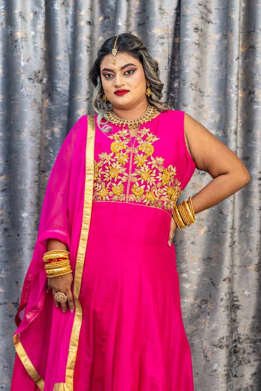 Rani Pink Raw Silk Panjabi Set with Gold Swarovski Stone Work
