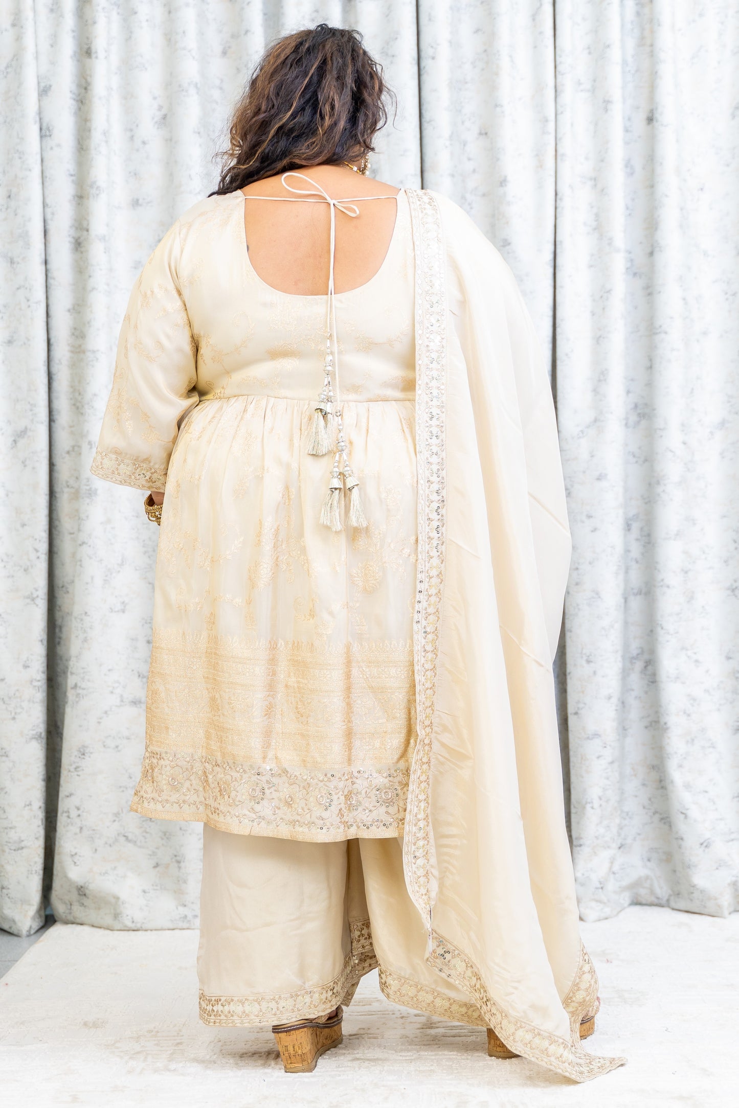 Cream Chinon Silk Punjabi Set with Embroidery