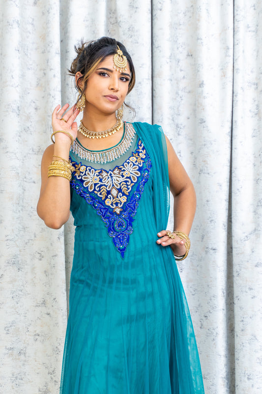 Teal Blue Net Punjabi Set with Swarovski Stone Work