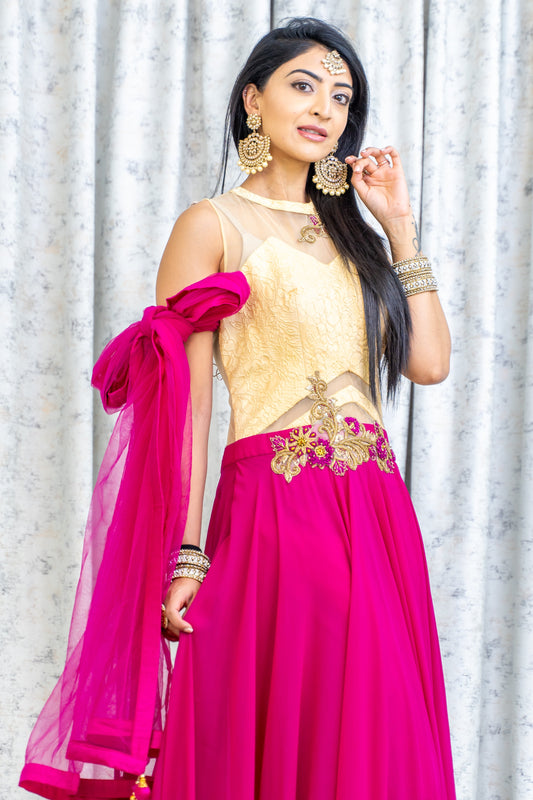 Rani Pink Chinon Silk Printed Punjabi Set