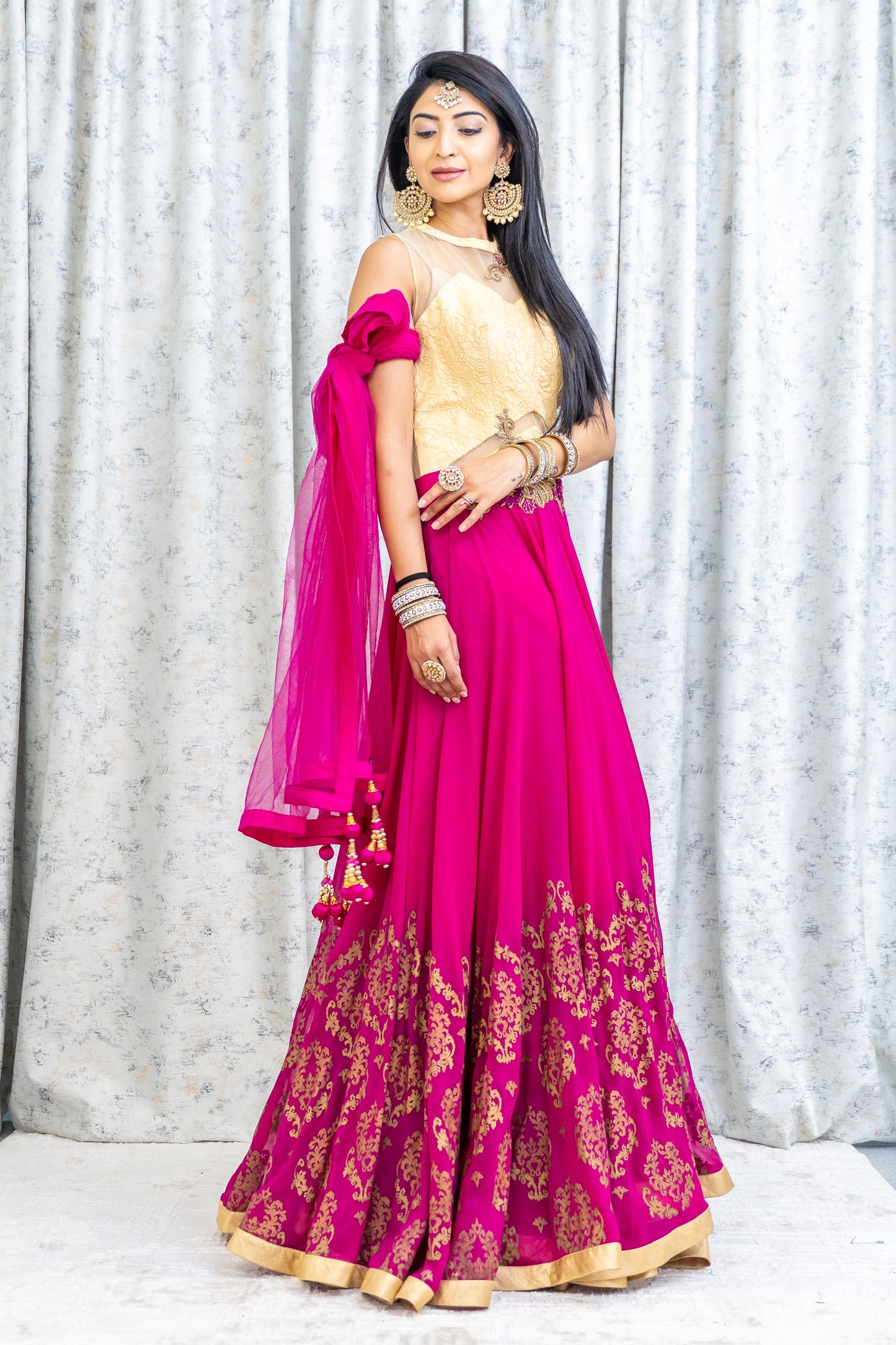 Rani Pink Chinon Silk Printed Punjabi Set