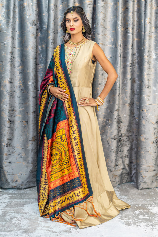 Gold Raw Silk Anarkali Set With Printed Scarf