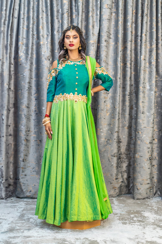 Green Raw Silk Punjabi Set