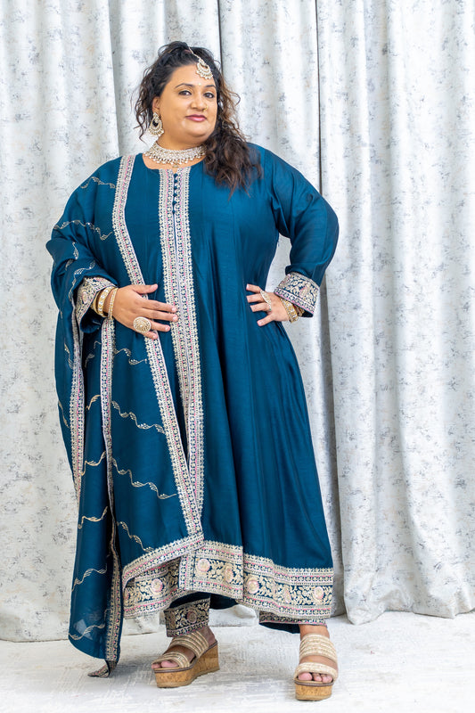DarK Blue Chinon Silk Punjabi Set