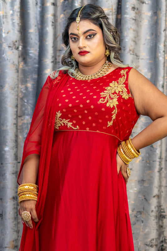 Red Chinon Silk Punjabi Set