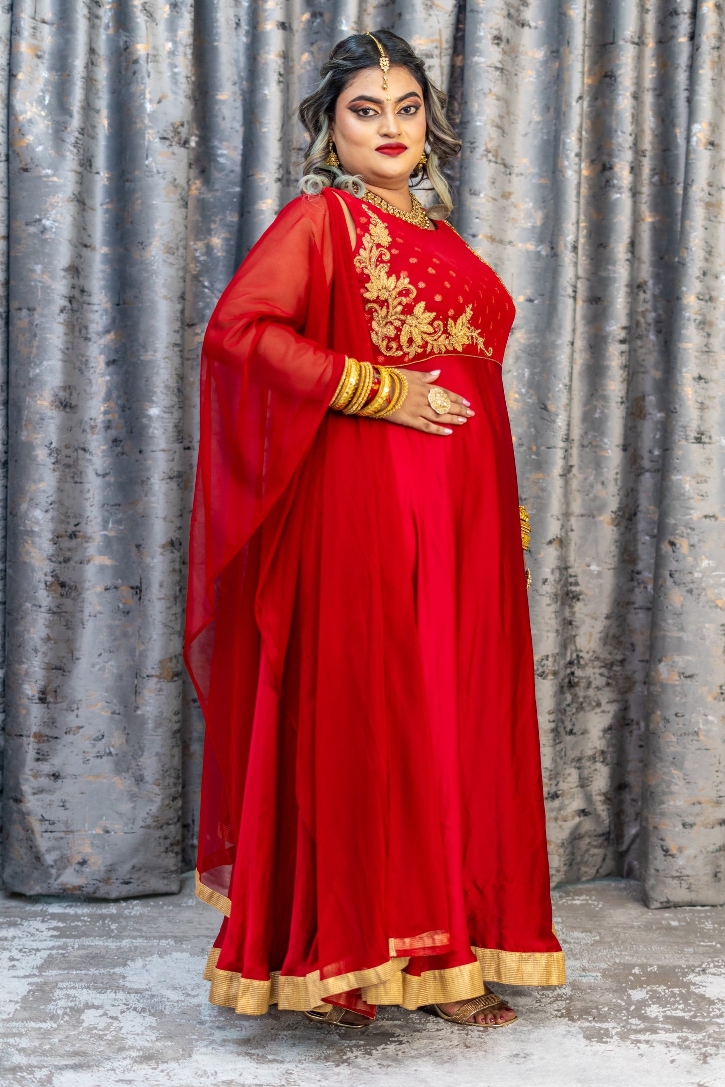 Red Chinon Silk Punjabi Set