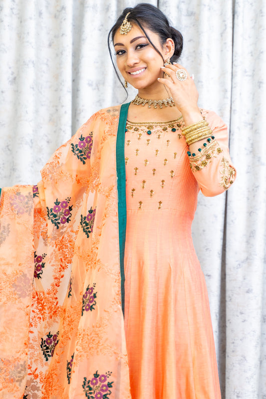 Peach Cotton Punjabi Set with Contrast Dupatta