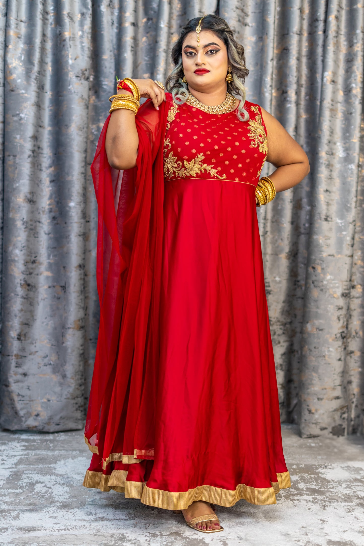 Red Chinon Silk Punjabi Set
