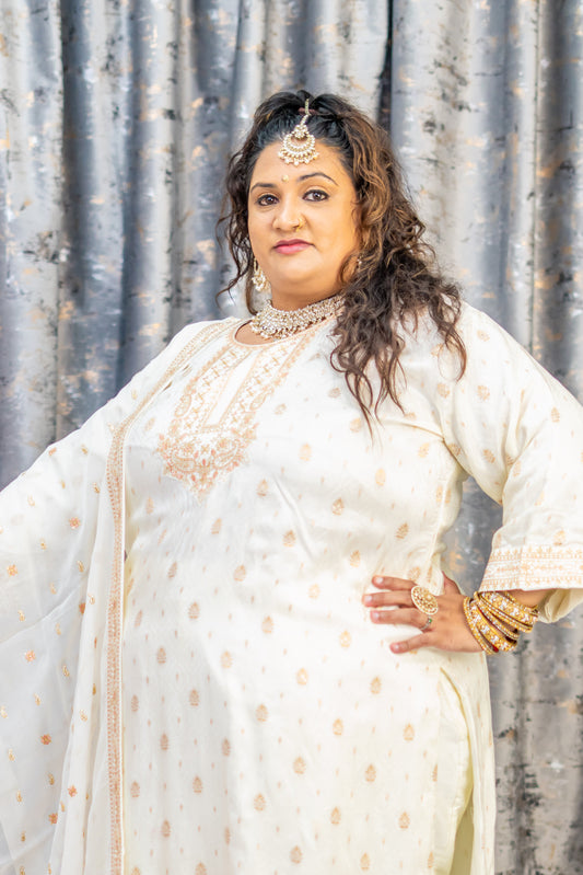 White Cotton Punjabi Set with Embroidery