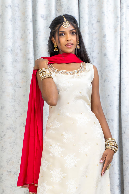 White Soft Brocade Punjabi Set with Embroidery