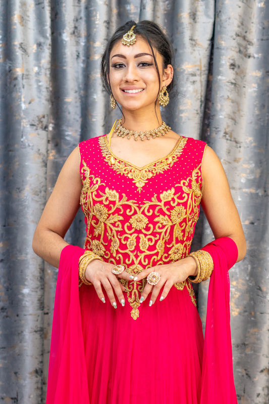 Hot Pink Net Punjabi Set with Swarovski Stone Work