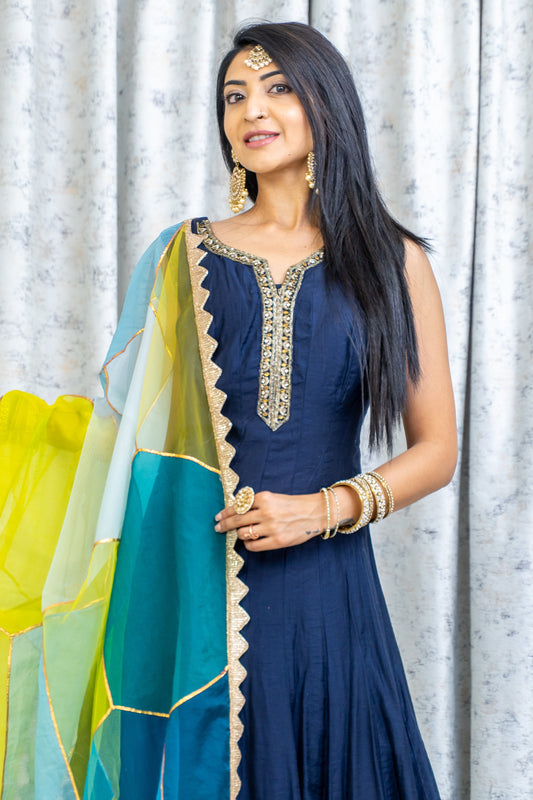 Navy Blue Cotton Punjabi Set with Contrast Dupatta