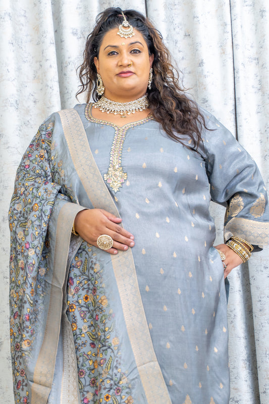 Grey Chinon Silk Punjabi Set with Embroidery