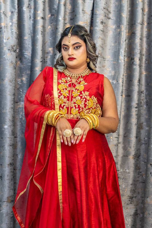 Red Raw Silk Punjabi Set with Gold Swarovski Stone Work