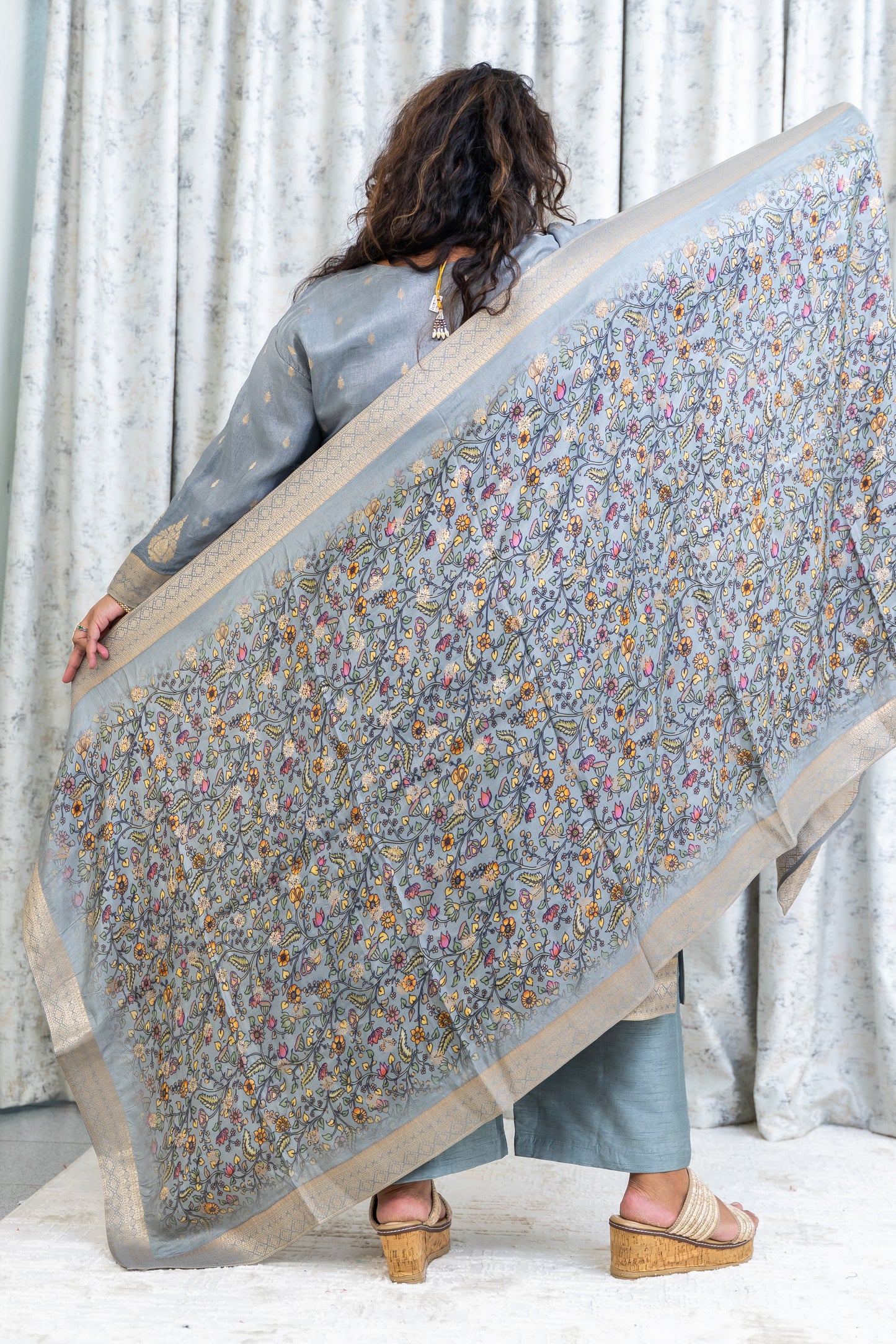 Grey Chinon Silk Punjabi Set with Embroidery