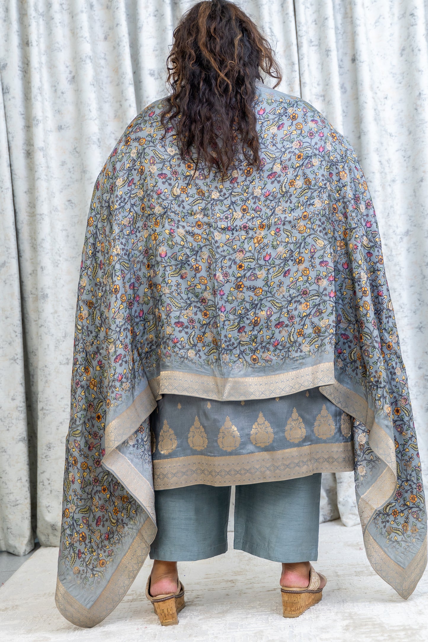 Grey Chinon Silk Punjabi Set with Embroidery