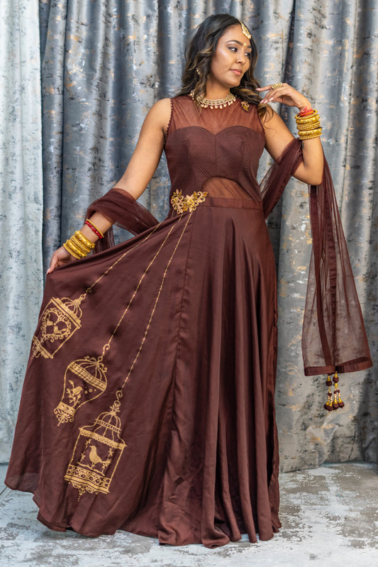 Brown Chinon Silk Punjabi Set