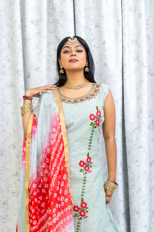 Sage Green Cotton Plazo Punjabi Set with Floral Embroidery