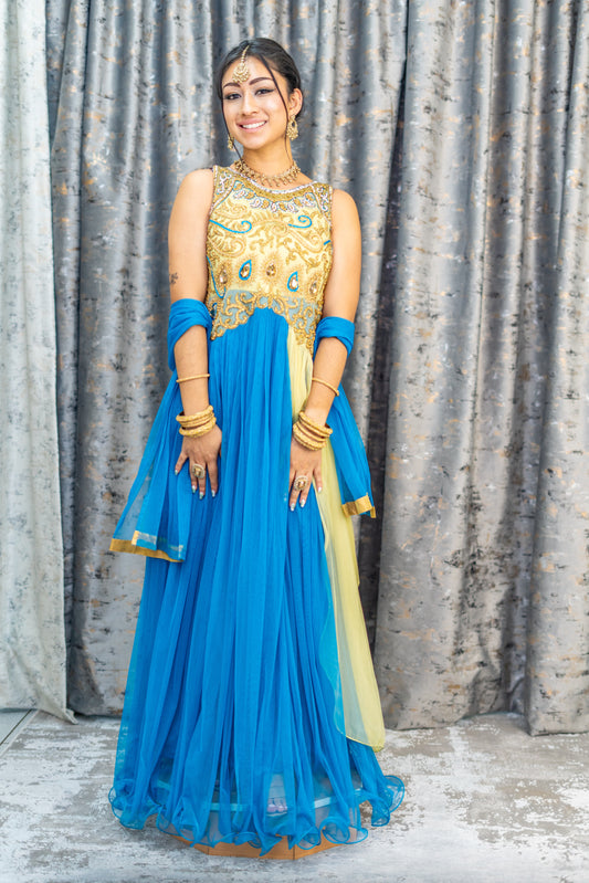 Blue Net Punjabi Set With Gold Swarovski Work