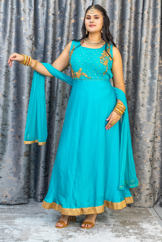 Blue Chinon Silk Punjabi Set