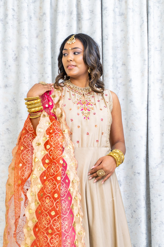 Beige Cotton Punjabi Set with Contrast Dupatta