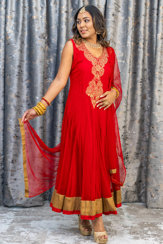 Red Net Punjabi Set with Gold Swarovski Stone Work