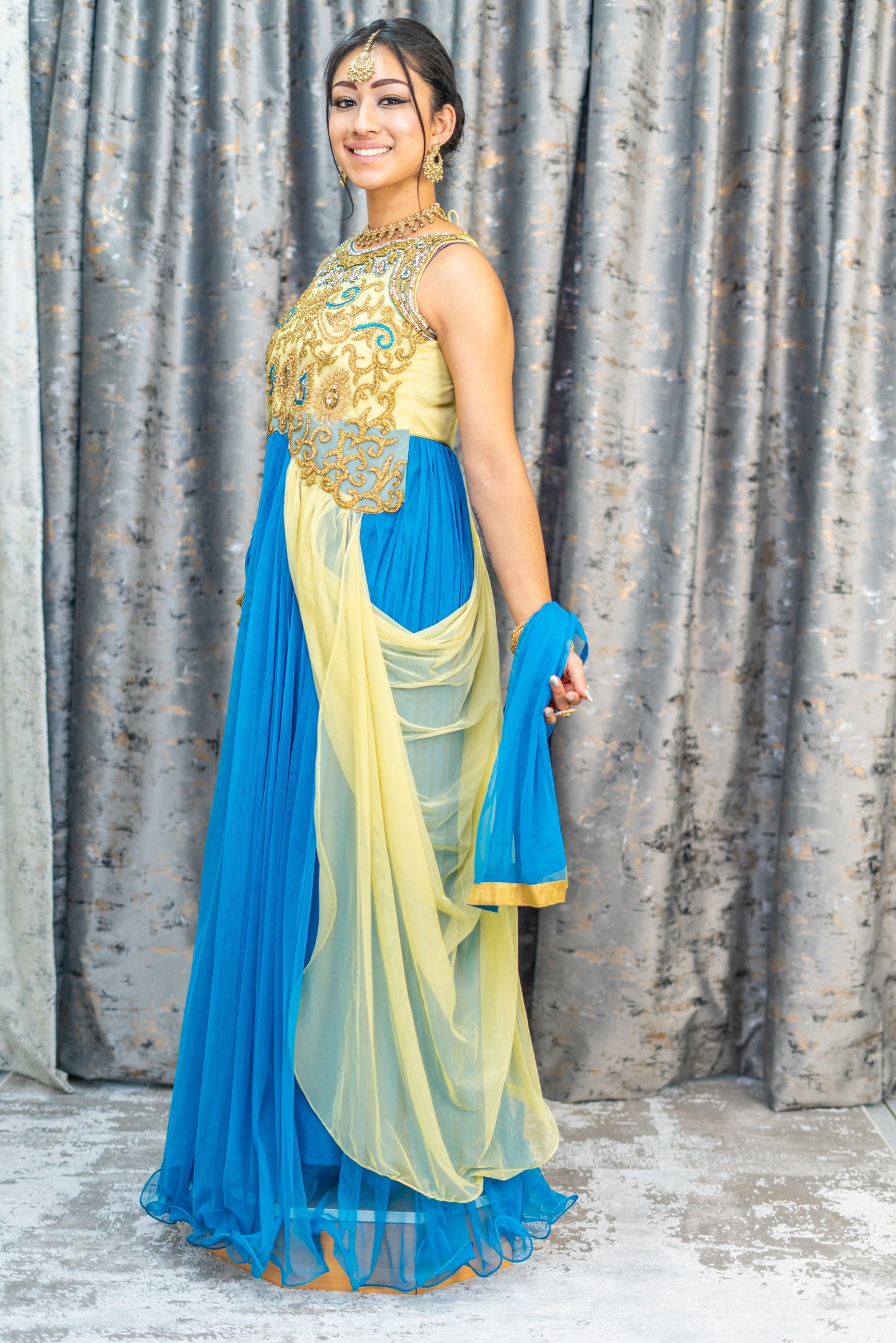 Blue Net Punjabi Set With Gold Swarovski Work