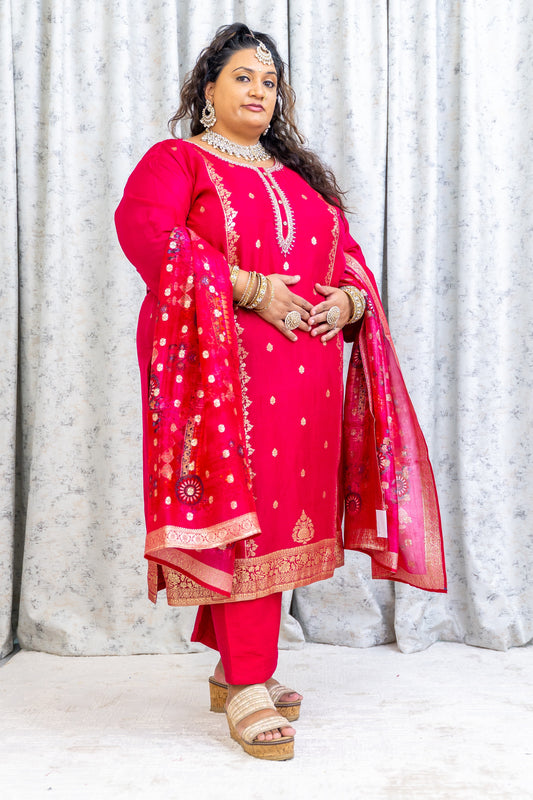 Rani Pink Chinon Silk Punjabi Set with Embroidery