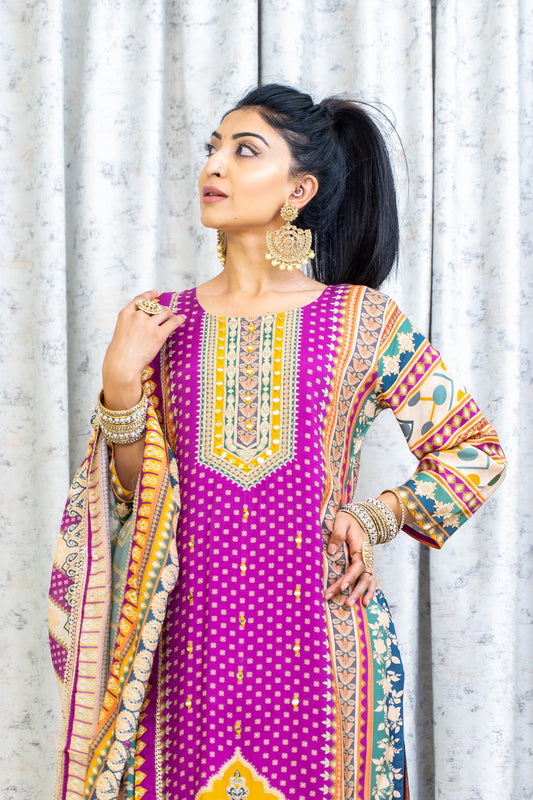 Purple Colourful Chinon Silk Punjabi Set