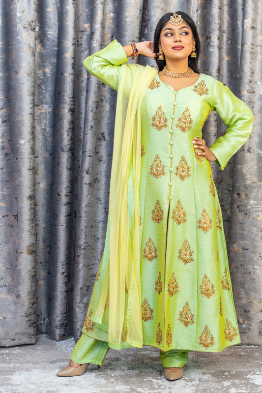 Lime Green Raw Silk Punjabi Set