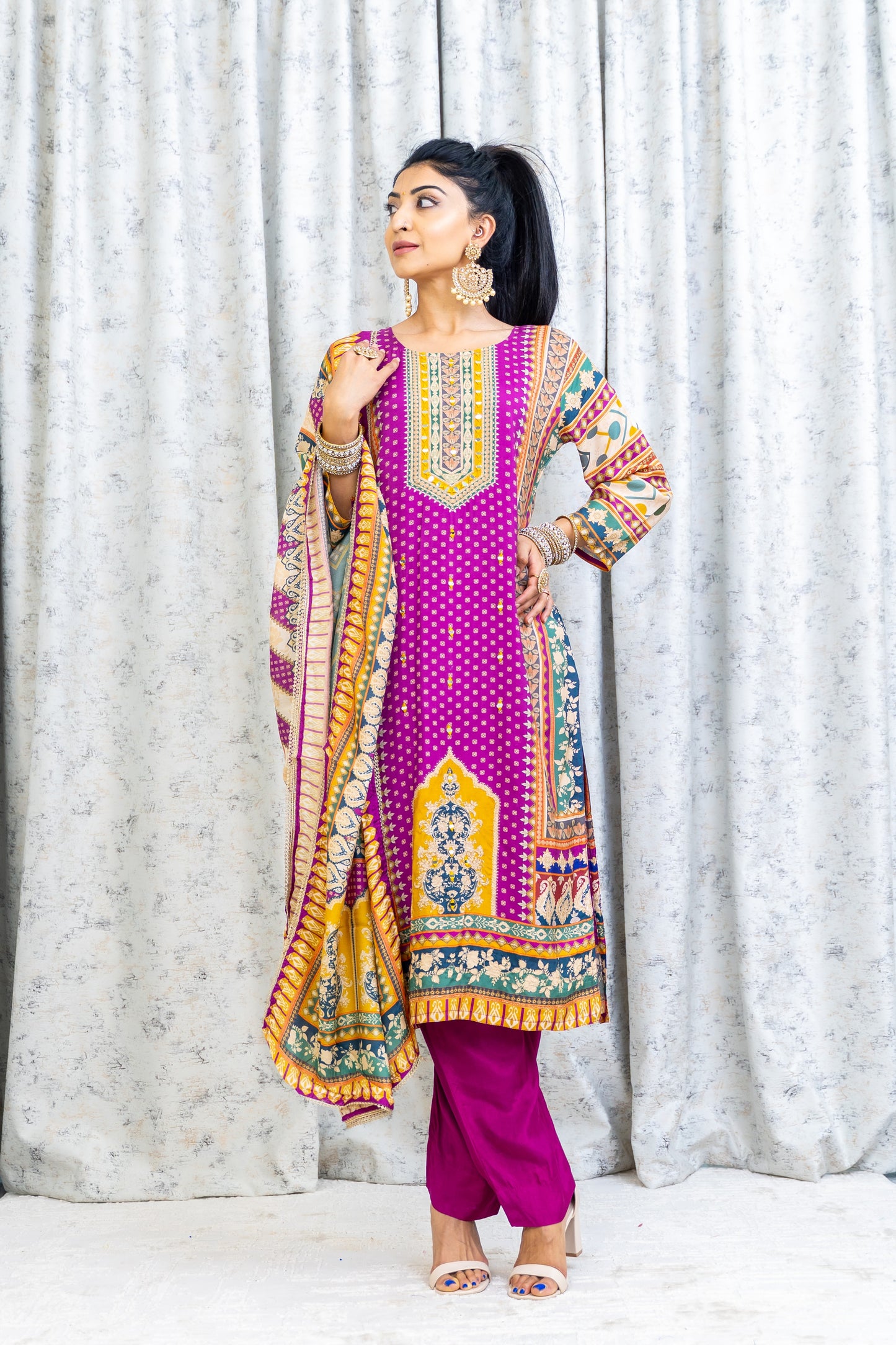 Purple Colourful Chinon Silk Punjabi Set