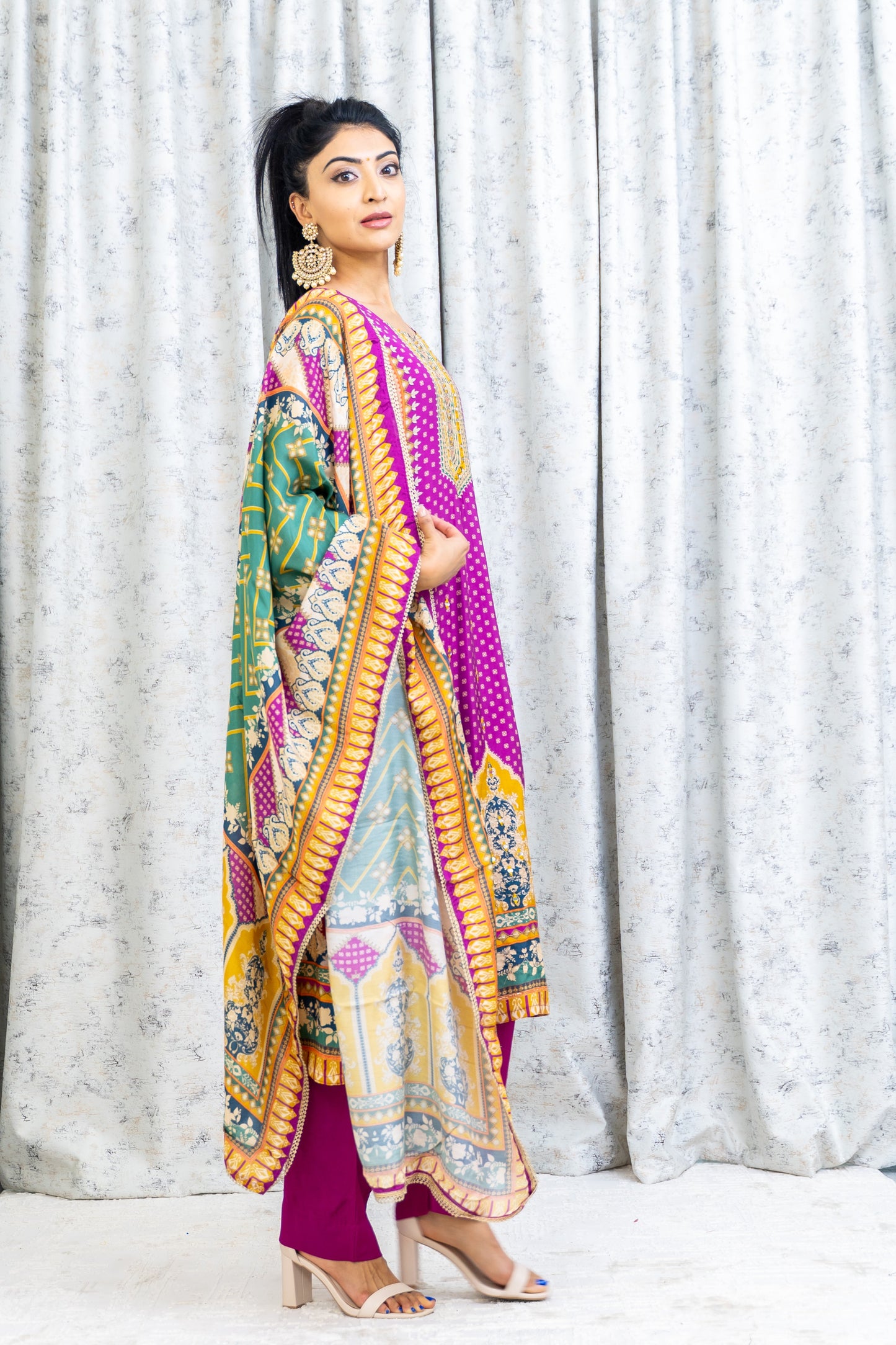 Purple Colourful Chinon Silk Punjabi Set