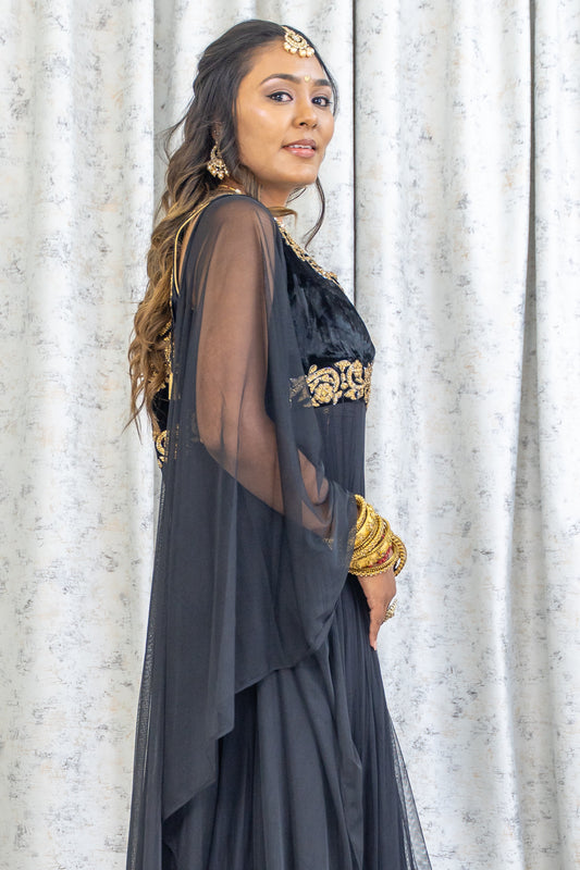 Black Net Punjabi Set with Gold Swarovski Work