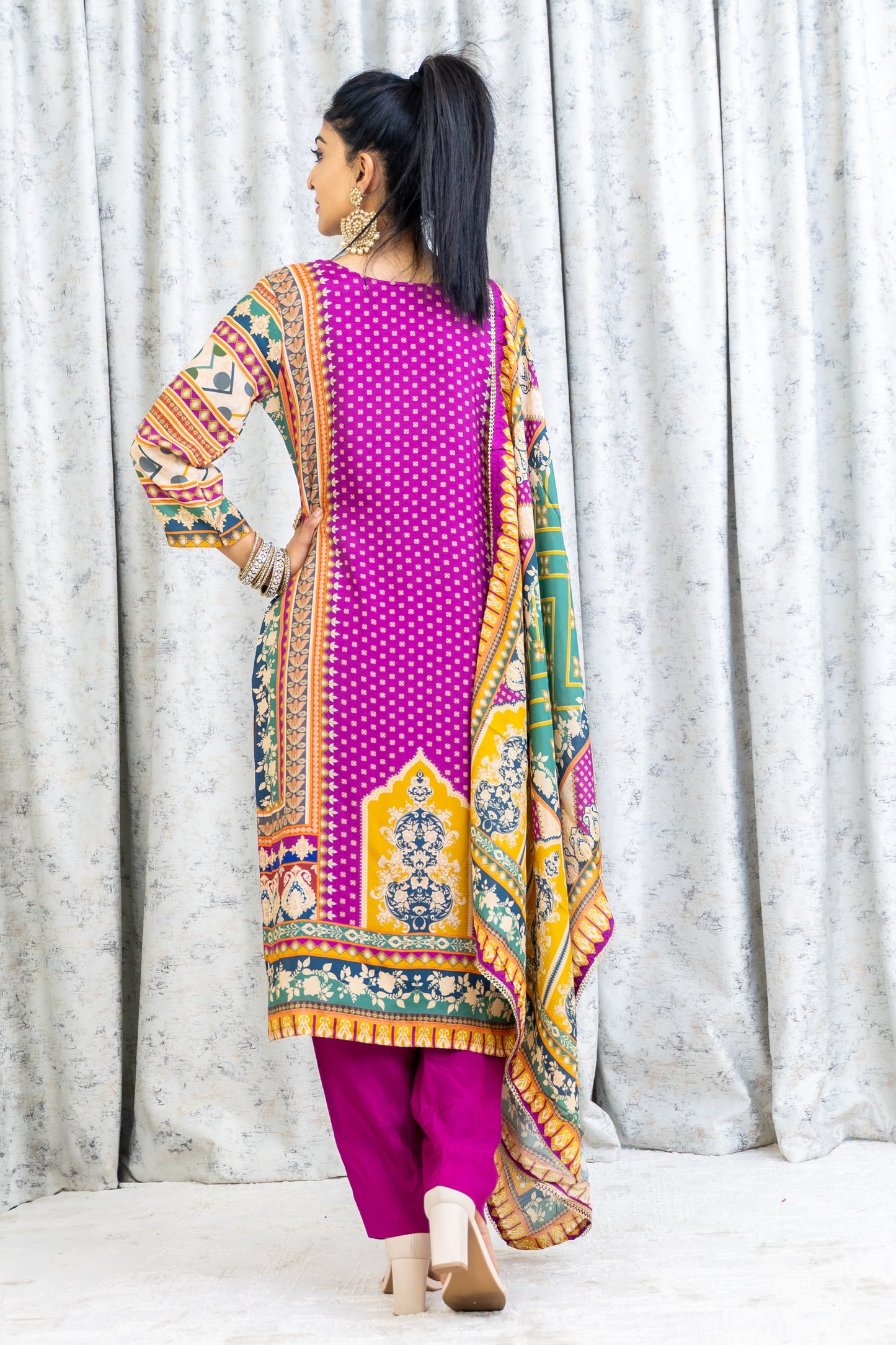Purple Colourful Chinon Silk Punjabi Set