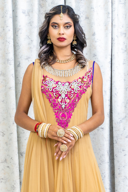 Beige Net Punjabi Set with Pink & Swarovski Stone Work