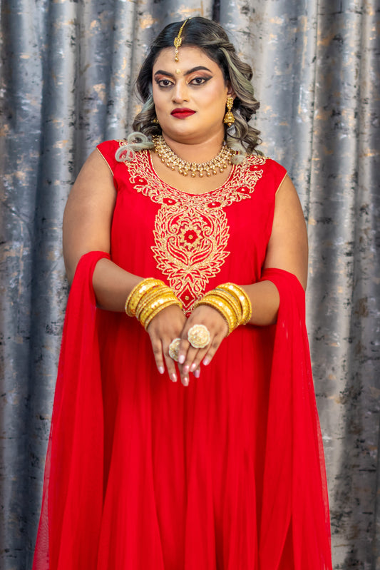 Red Net Punjabi Set with Swarovski Stone Work