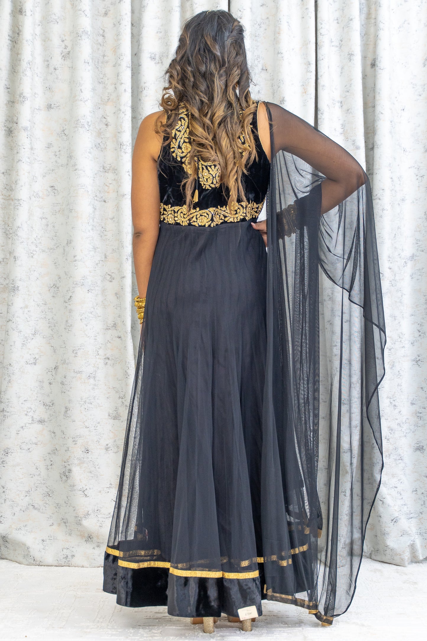 Black Net Punjabi Set with Gold Swarovski Work