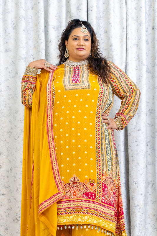 Yellow Colourful Chinon Silk Punjabi Set