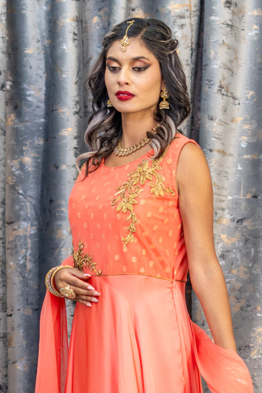 Peach Chinon Silk Punjabi Set