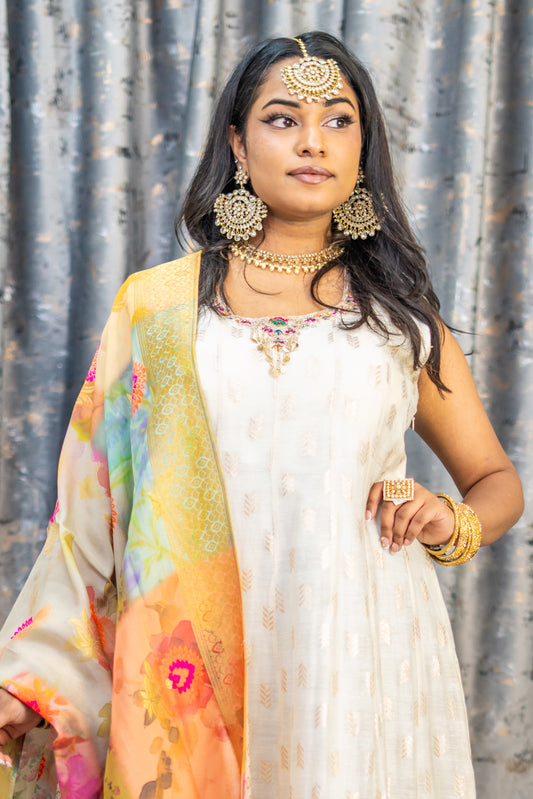 White Brocade Punjaabi Set with Contrast Dupatta