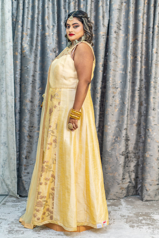 Cream/Golden Raw Silk Punjabi Set With Net Embroidery Panel