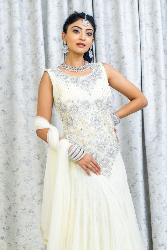 White Net Punjabi Set with Swarovski Stone Work
