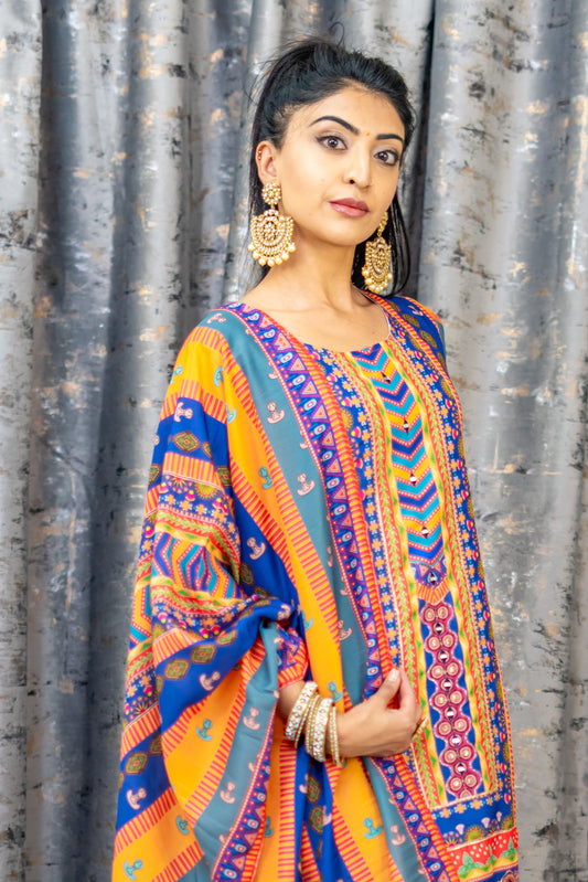 Colourful Printed Chinon Silk Punjabi Set